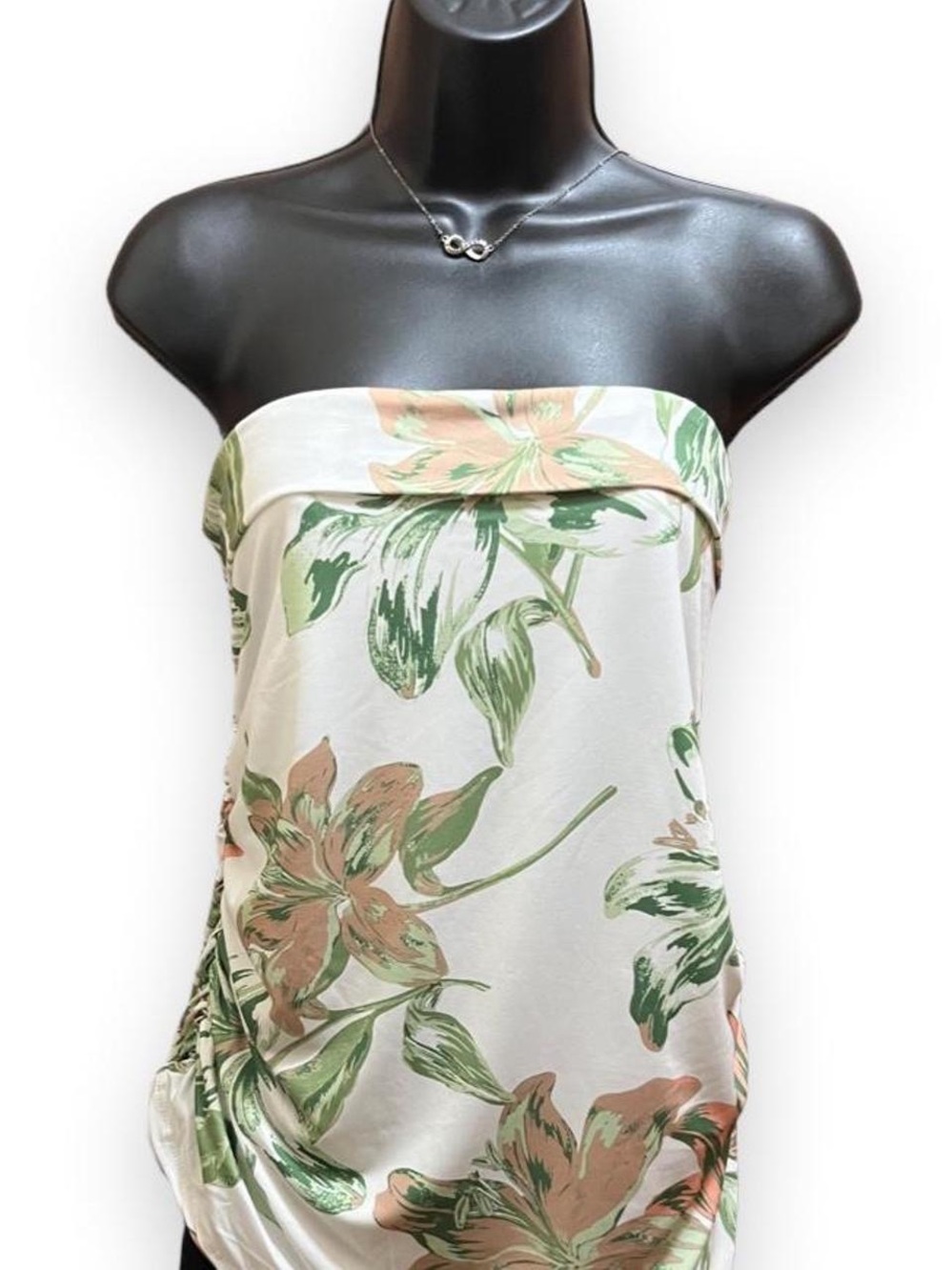 Strapless Floral Tube Top - Cream with Green & Pink Floral